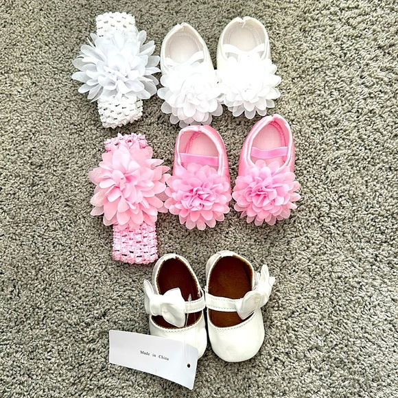 Other - New Baby Girl Shoe Bundle 3 pairs of shoes with 2 matching headbands